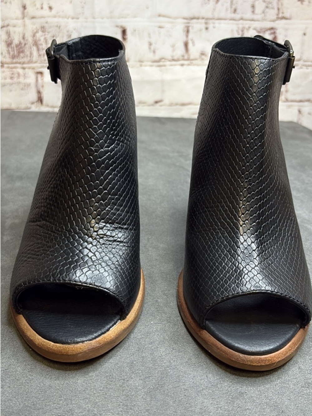 UGG Black Textured Peep-Toe Slingback Mules with Wood-Tone Heel